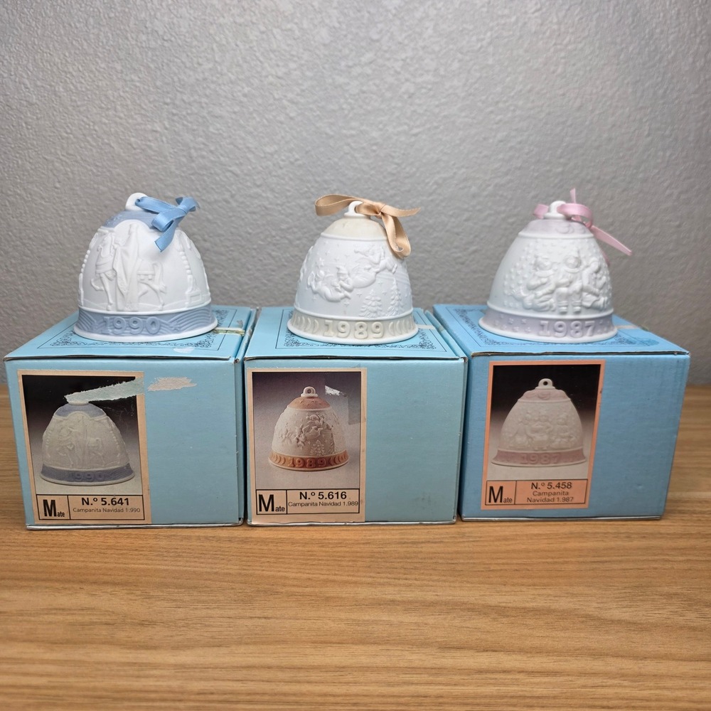 Lladro Porcelain Christmas Bells Ornaments Set of 3 Matte 1987 1989 1990 Spain